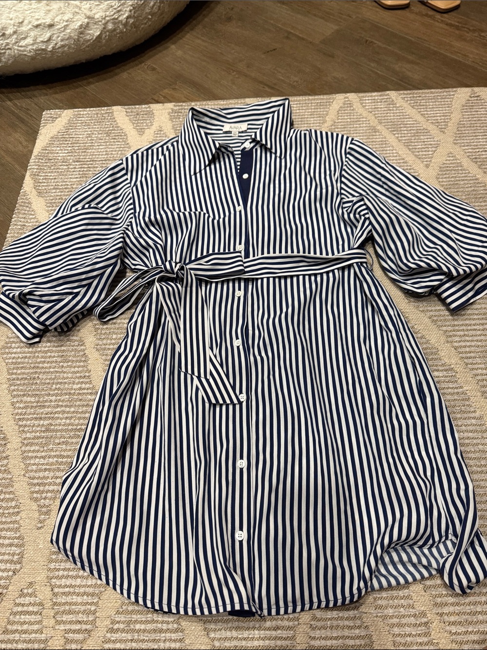 Striped Navy and White Tie-Waist Button-Down Shirt Dress